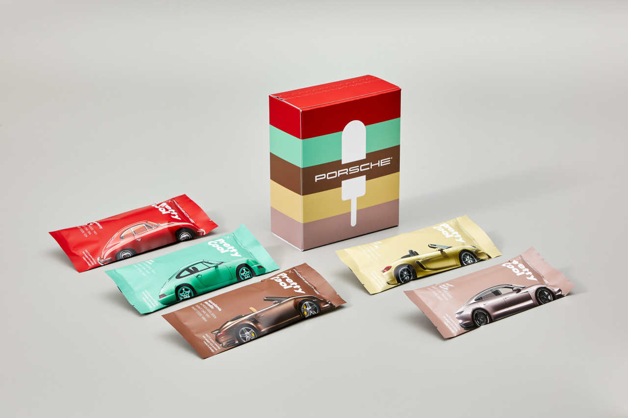 Hier, voor jou, omdat het zo heet is: vijf Porsche-kleurige ijslollies!